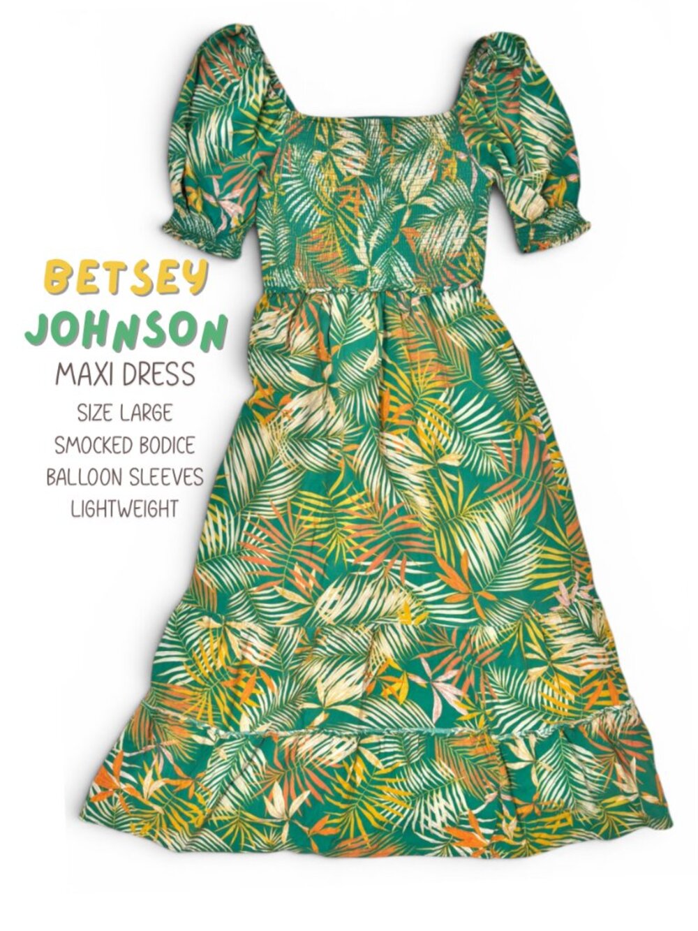 Betsey Johnson Tropical Palm Leaf Smocked Puff Sleeve Maxi Dress L Vacation